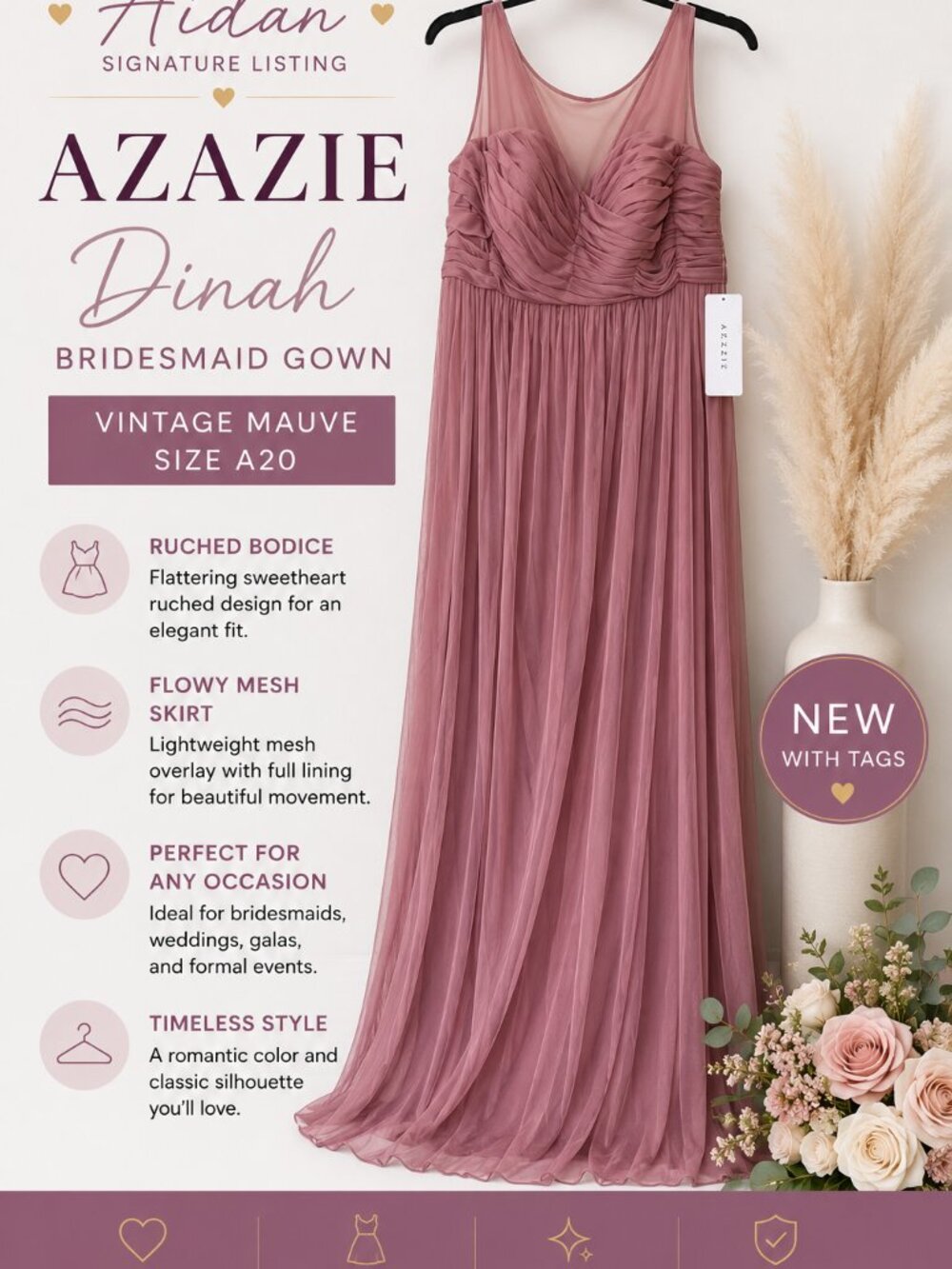 Azazie Dinah Bridesmaid Dress A20 Vintage Mauve Mesh Ruched Formal Gown NWT